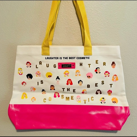 New Benefit “Laughter is the Best Cosmetic" White, Pink Canvas Makeup Tote Bag!
